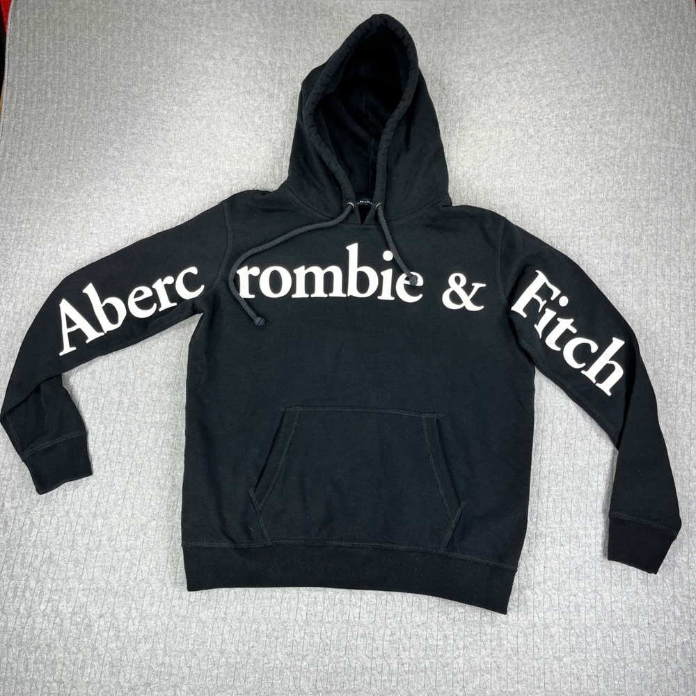 Abercrombie & Fitch Hoodie Mens XS Black White Spellout Logo Pullover Fleece